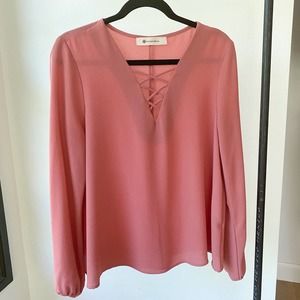 THE IMPECCABLE PIG Women's Dusty Pink Crepe Long Sleeve Caged V-Neck Blouse sz S